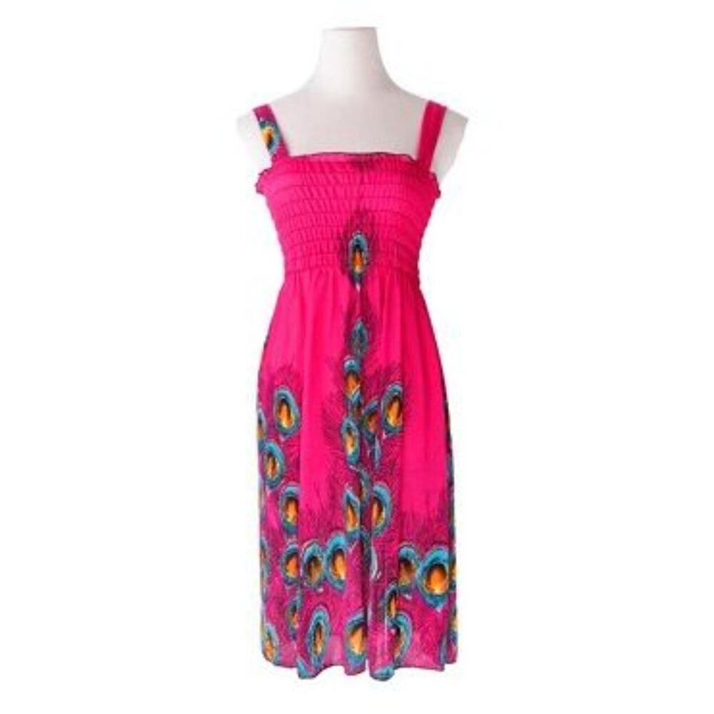 NWT Golden Butterfly Red Peacock Print Smocked Sleeveless Sundress Size Large - Picture 2 of 9